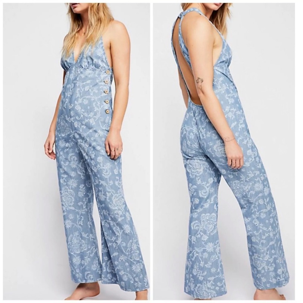 FREE PEOPLE dance all night denim jumpsuit floral cotton hemp Jean halter ☮️💙